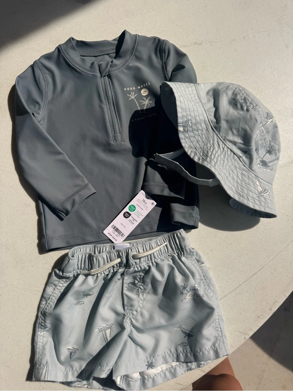 18M Carter's Light Gray and Charcoal Kids Swim Set with Hat